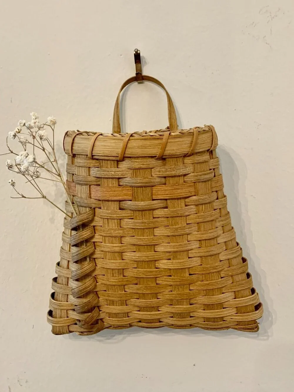 Artist Signed Basket Handwoven Wicker with Roping and Natural Dyes Hanging Art